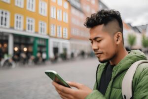 En person der bruger stemmesøgning på en smartphone, mens de er på farten i København, symboliserer vigtigheden af at optimere hjemmesider til stemmesøgning i 2025